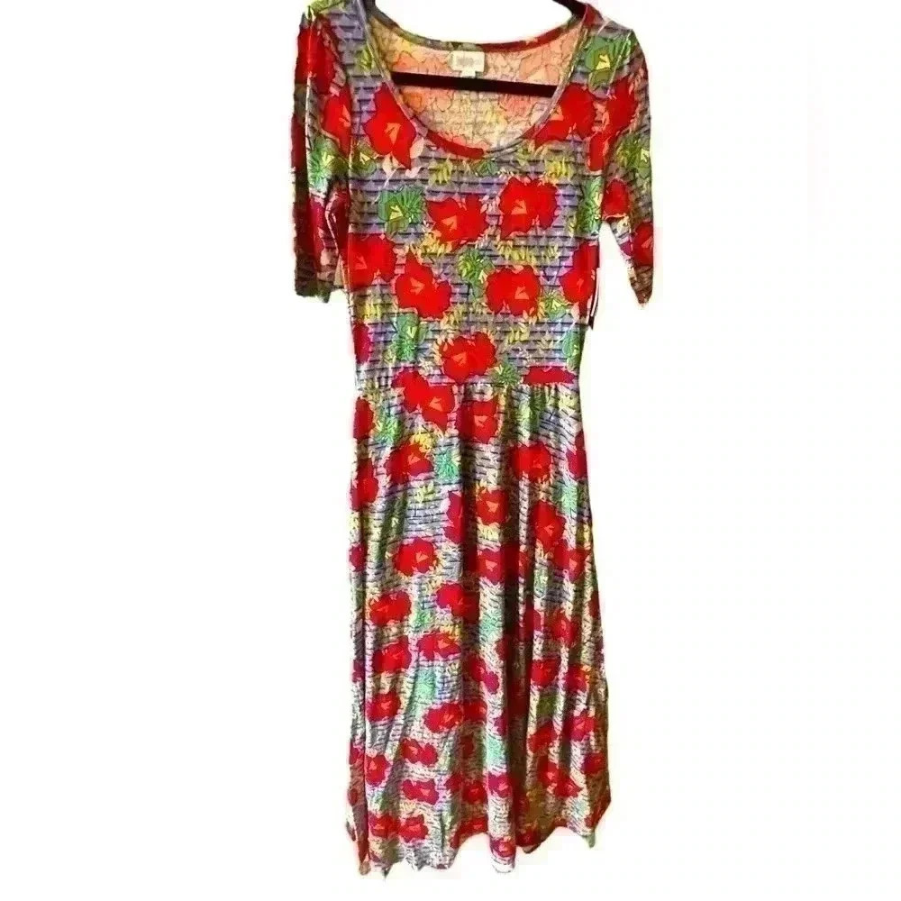 Lularoe medium blue floral ANa maxi dress. Red roses. Pattern over pattern .NWT.